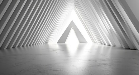 Obraz premium The interior of a triangular spaceship features a futuristic corridor with a tunnel of light, symbolizing a science fiction concept and business setting, created using 3D rendering techniques