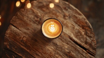 Delight in the intricate heart-shaped latte art resting on freshly brewed coffee, showcased on a rustic wooden table surrounded by softly glowing lights, evoking warmth and comfort