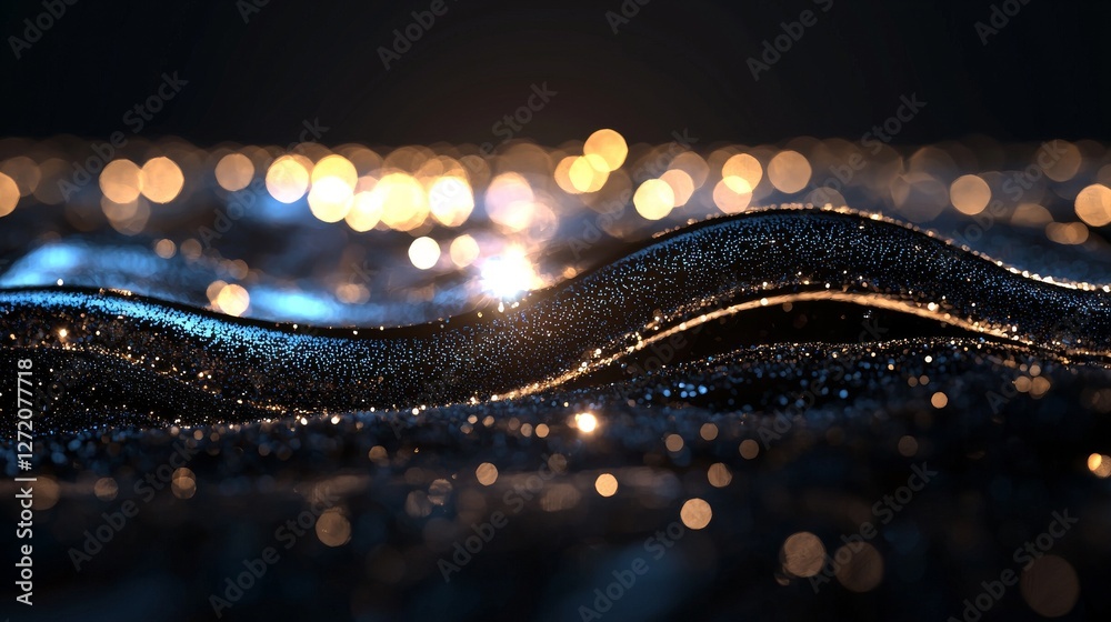 Poster a dark background features an abstract wave imitation, accompanied by a network design with particle