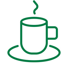 Line icon illustration of a steaming coffee cup on a saucer, perfect for cafe menus and beverage branding elements