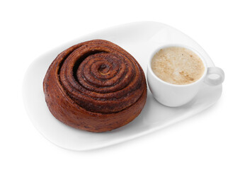 Delicious cinnamon roll and cup of coffee isolated on white