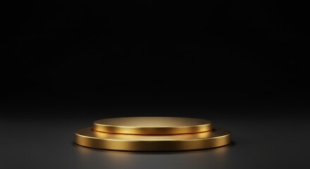 Gold Podium Product Display on Black Background - Elegant gold podium, perfect for showcasing products. Symbolizes luxury, success, achievement, presentation, and sophistication