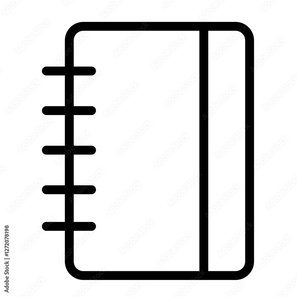 Poster simple line icon representing a notebook with a side binding and a cover on the right, suitable for 