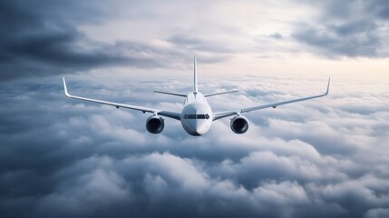 Commercial jet plane flying above dramatic clouds during sunset, symbolizing international travel, business trips, and the aviation industry