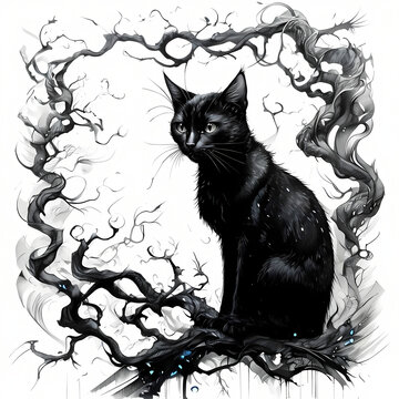 recommend clip art: gatto nero appollaiato su di un ramo di un albero in una magica foresta, Black cat perched on a tree branch in a magical forest
