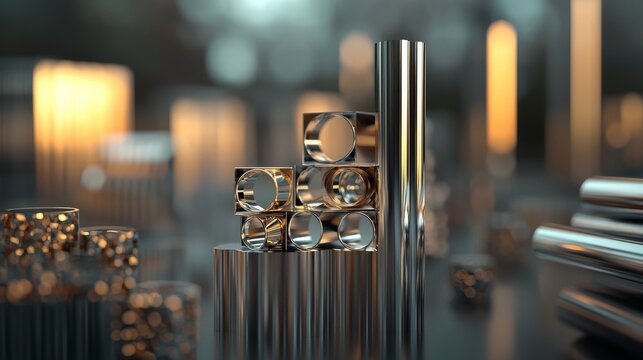 Ein 3D-Rendering zeigt eine Nahaufnahme von Sortimenten verschiedener Metallprofile aus Aluminium und Stahl als Baustoff oder Werkstoff in einem Lager von Gro&szlig;handel oder Baumarkt