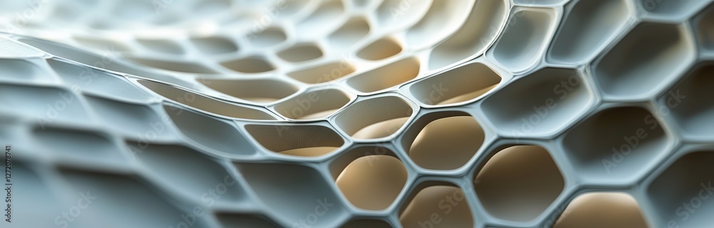 Poster a futuristic white hexagon background featuring a honeycomb concept with a wave of particles in a 3d