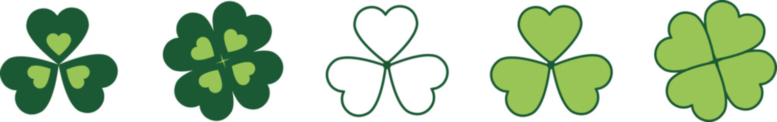 Clover Icon set, shamrock, lucky Irish sign, Saint Patrick's Day symbol good luck sign. Green leaves on transparent. Vector illustration EPS 10