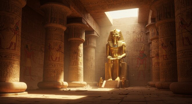 Golden Pharaoh Statue in Ancient Temple - Majestic gold pharaoh statue seated within a sunlit ancient Egyptian temple, surrounded by pillars and hieroglyphs