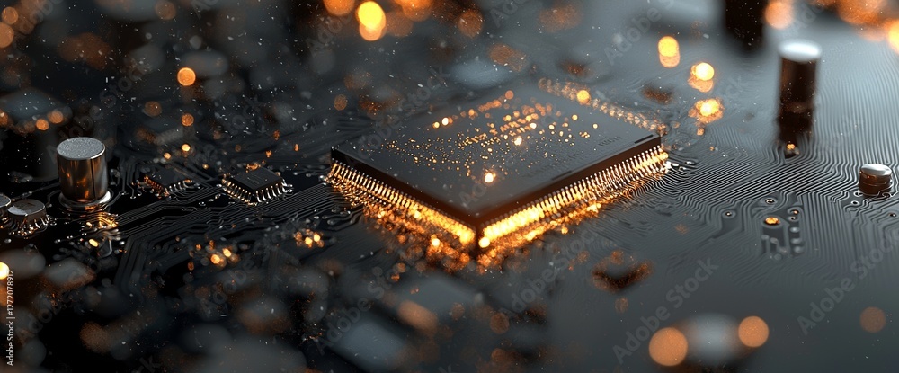 Poster a futuristic server depicted as a printed circuit board processes code, set against an orange, green