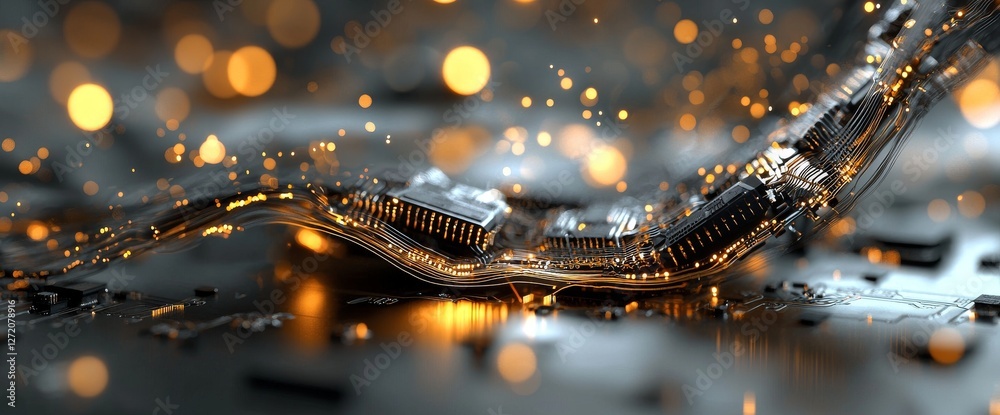 Poster the image of a futuristic server, represented by a circuit board, showcases code processing with a v