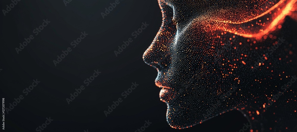 Poster The space is filled with an array of polygons and dots, forming an abstract digital background with a 3D wave