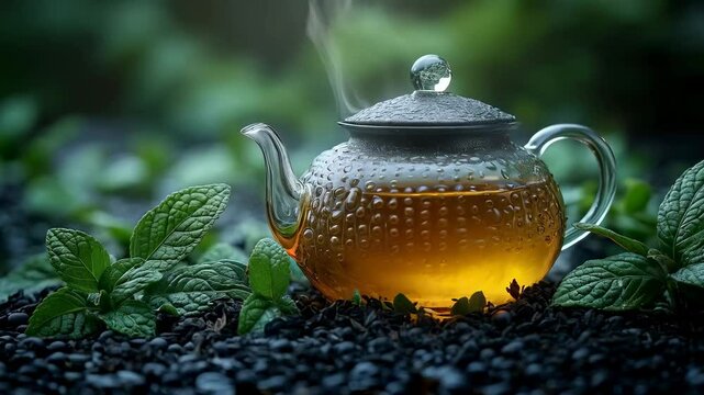 Steaming Herbal Tea in Glass Teapot with Mint Leaves