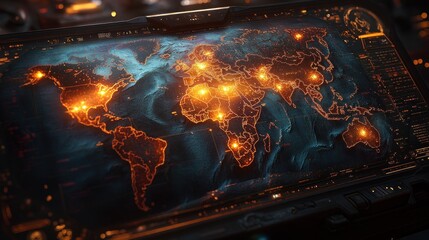 Futuristic world map interface with global hotspots
