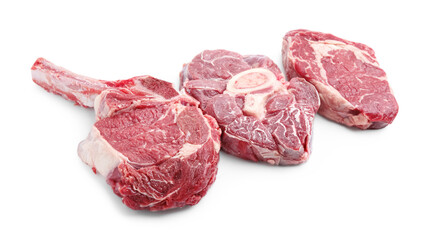 Pieces of raw beef meat isolated on white