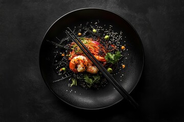 Dark and moody culinary art on black plate with vibrant ingredients