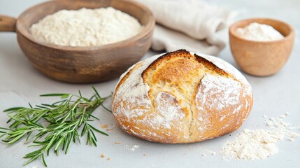 Naklejka premium Freshly baked sourdough bread loaf on a kitchen table with wooden bowls of flour and fresh rosemary.