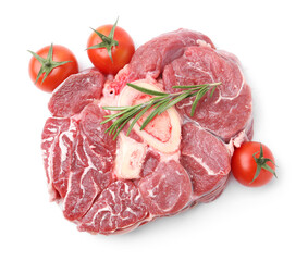 Piece of raw beef meat, rosemary and tomatoes isolated on white, top view