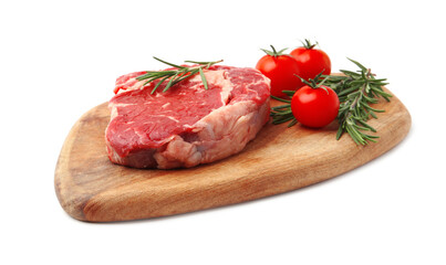 Piece of raw beef meat, rosemary and tomatoes isolated on white