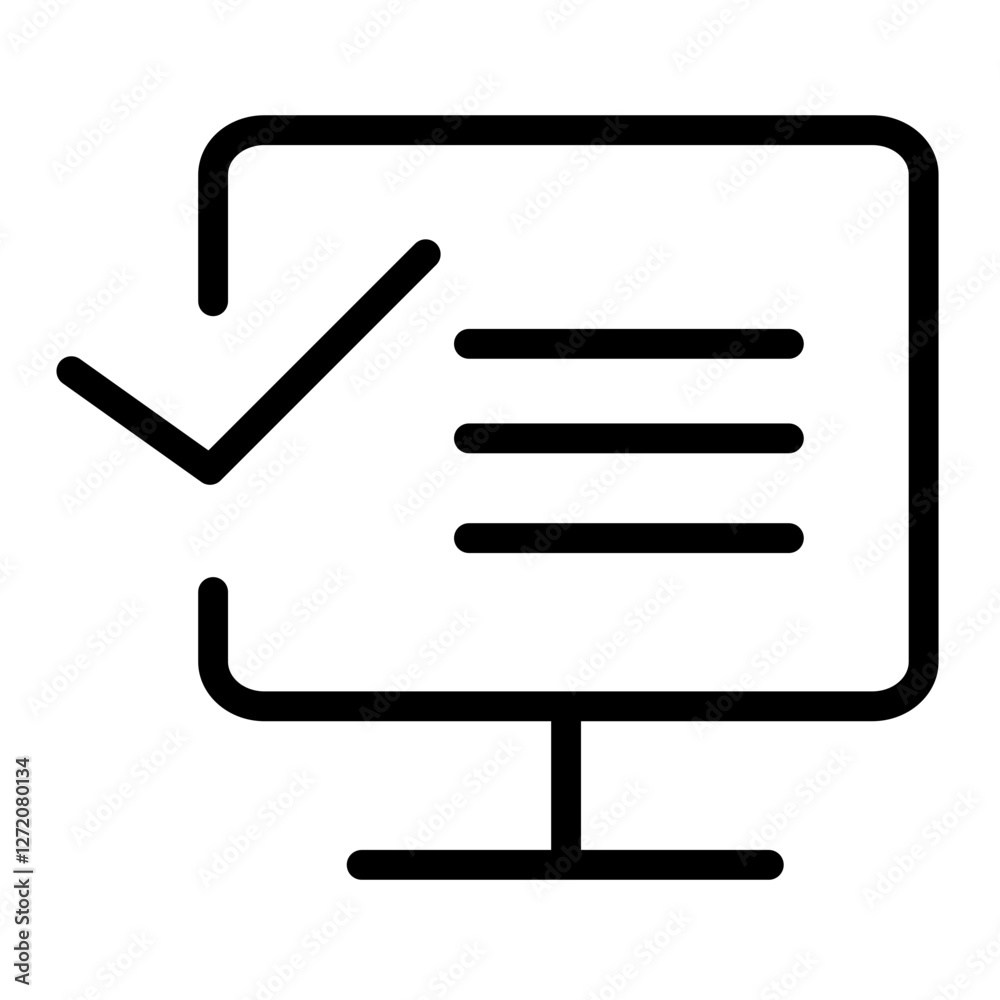 Poster line icon vector illustration of a computer screen with a checkmark indicating task completion