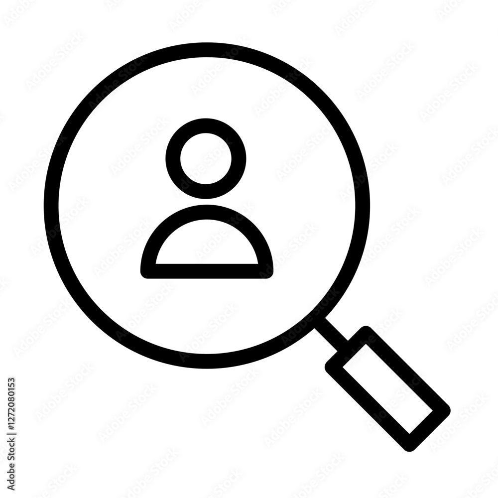 Poster magnifying glass icon highlighting user profile in line art design for web applications and user ide