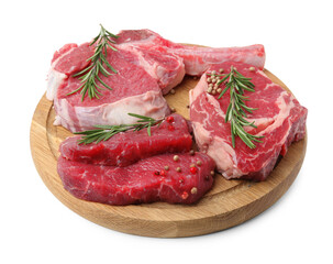 Pieces of raw beef meat and spices isolated on white
