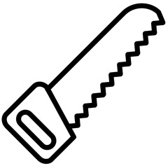 Line icon illustration of a hand saw designed for woodworking and construction activities, emphasizing its sharp teeth and handle