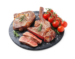 Pieces of delicious beef meat, spices and tomatoes isolated on white