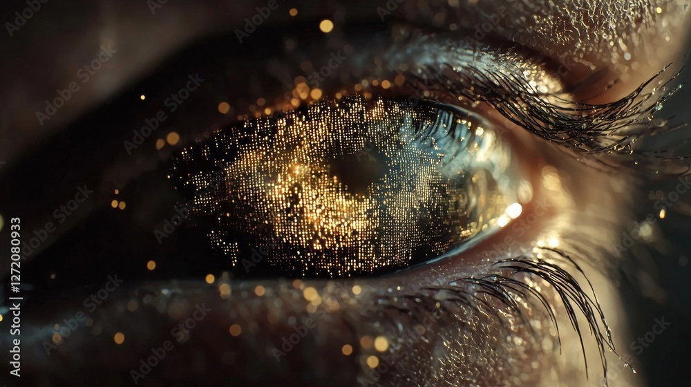 Poster concept of a human iris with multicolored animation, featuring a binary circle that scatters rainbow