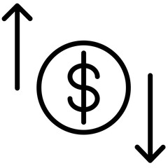 Financial growth and decline represented by arrows and dollar sign in line icon vector illustration depicting market trends