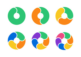 Pie chart by sections. Round infographic by steps and levels for presentation design. Vector color set isolated illustration on white background.