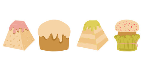 Easter cakes set, different shapes and colors, kulich, glazed cakes