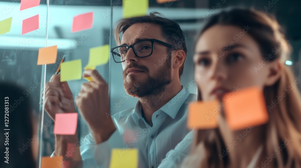 Poster focused business team members are brainstorming and planning. using colorful sticky notes on a glass
