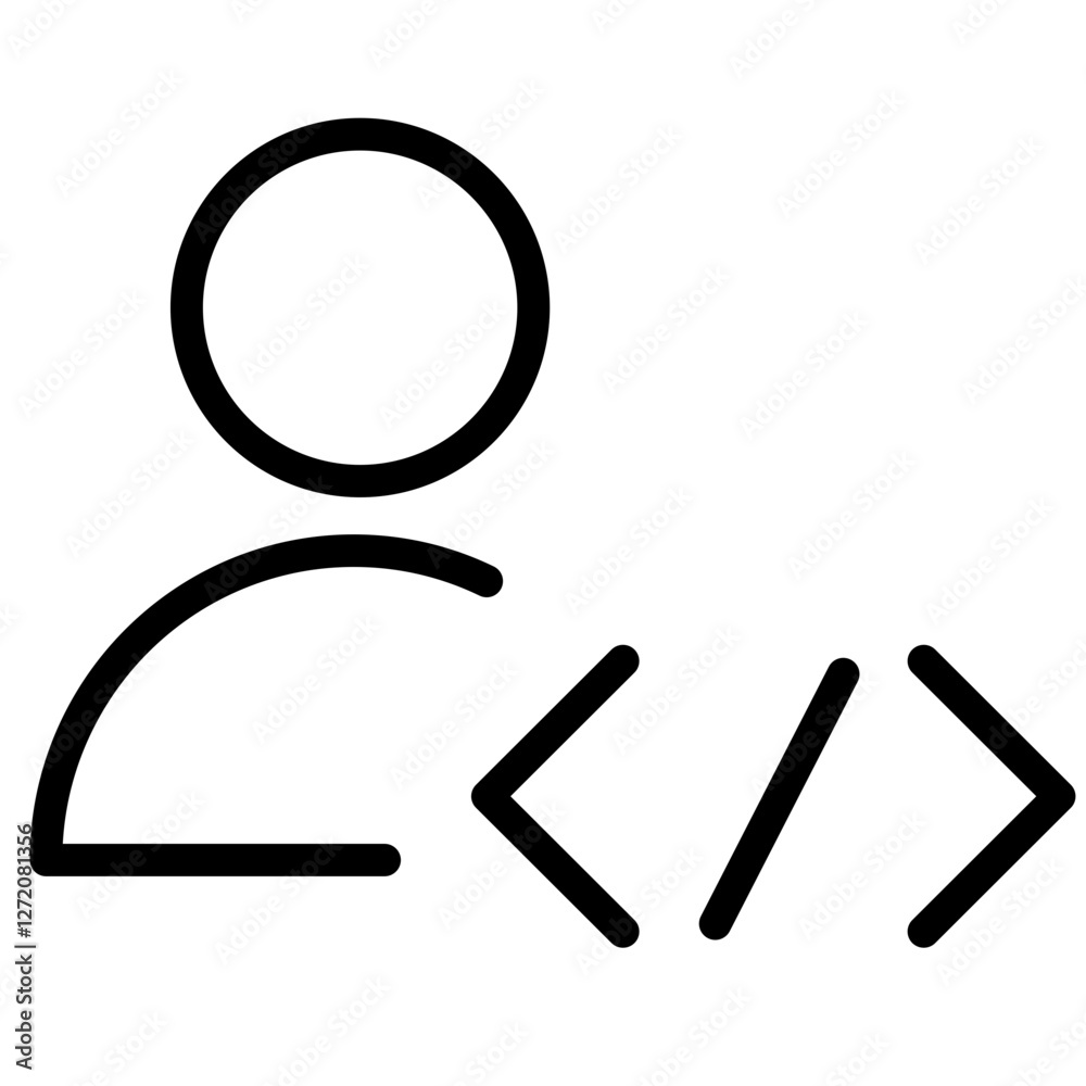 Poster vector line icon illustration of a person with coding symbols representing technology and programmin