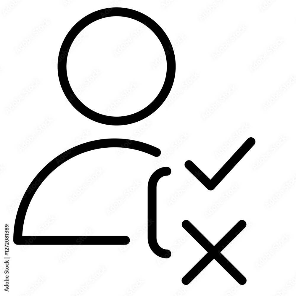 Aufkleber line icon showing user profile with approval and rejection indicators in a minimalistic design