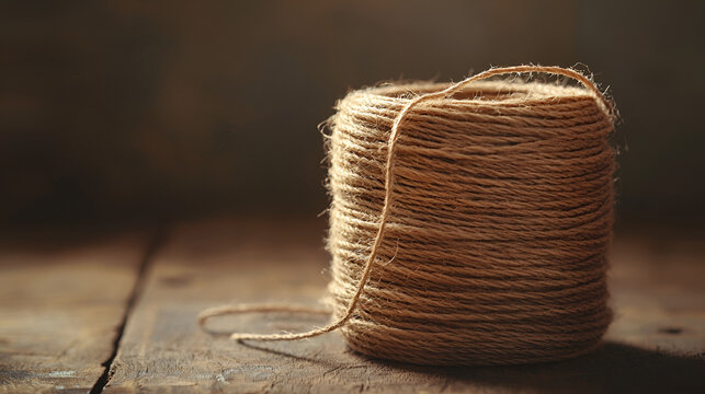 Roll of natural twine: a rustic, brown spool of fiber on weathered wood, ready for crafting or utility.