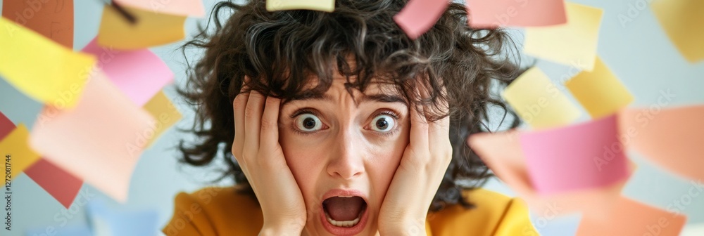 Poster Stressed professional surrounded by colorful sticky notes, symbolizing multitasking and time management challenges. The chaotic scene highlights the pressure of deadlines and work stress