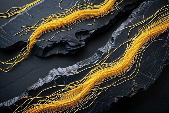 Radiant Yellow Fibers on Striking Black Stone Surface