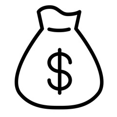Simple line icon depicting a money bag with a dollar sign representing finance or wealth concepts