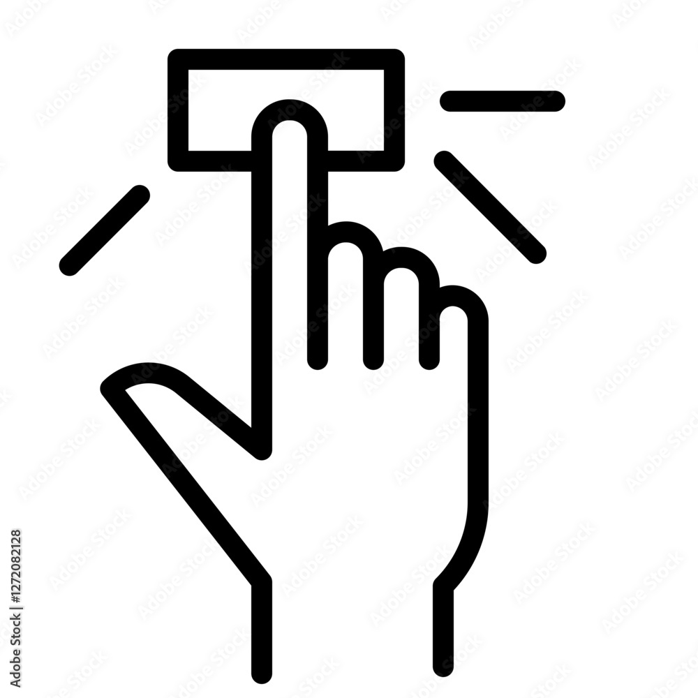 Poster hand pressing a button in a minimalistic line icon design illustrating interaction with devices or t
