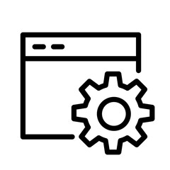 Vector illustration of a line icon depicting a computer window with a settings gear, symbolizing technology and user interface design