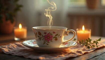 Fototapeta premium Steaming cup of tea with floral design and candles on a wooden table