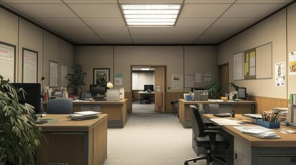 Neutral Beige Office Interior with Multiple Desks and Computers