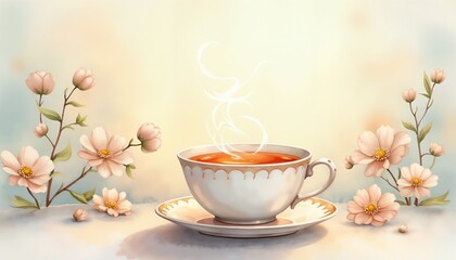 Fototapeta premium Steaming cup of herbal tea surrounded by flowers on a soft pastel background