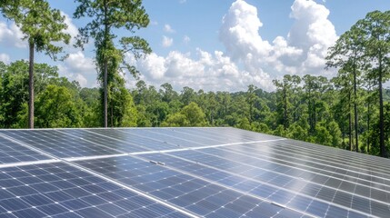 Solar panels on a roof, forest background. Possible use stock photo for renewable energy