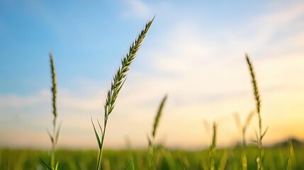 Obraz premium Green Grass Blades at Sunset in a Field