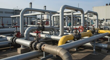 Industrial Piping System Network - Complex network of industrial pipes and valves, showcasing intricate infrastructure