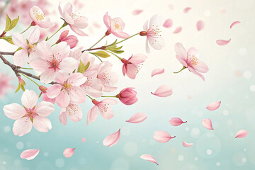 Delicate cherry blossoms in spring, light teal background, petals floating.  Possible use wallpaper, spring design