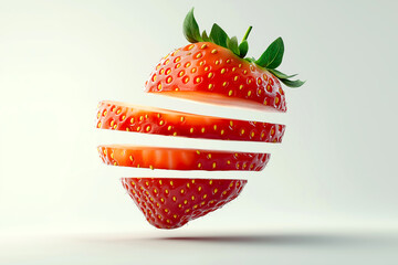 Sliced strawberry floating in mid-air creates a visually striking fruit display. A large strawberry is artistically sliced into several even pieces, suspended in mid-air against a light background