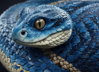Fototapeta premium Close-up view of blue viper snake's head showing intricate scale patterns, wildlife, scale